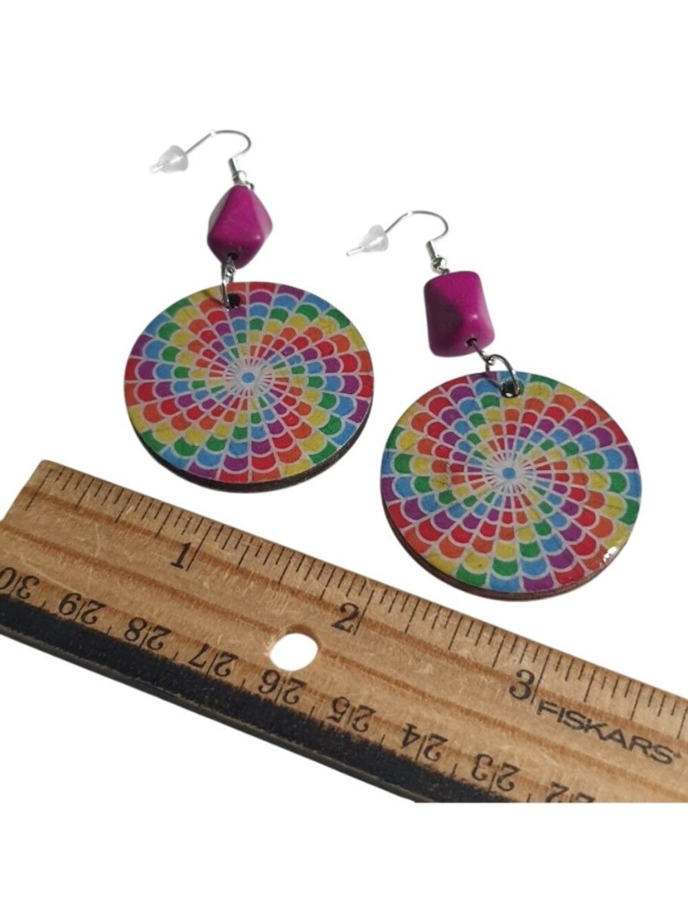 Rainbow Mandala Dangle Earrings Boho Colorful Round Polka Dot Back Purple Lightw - Picture 5 of 6